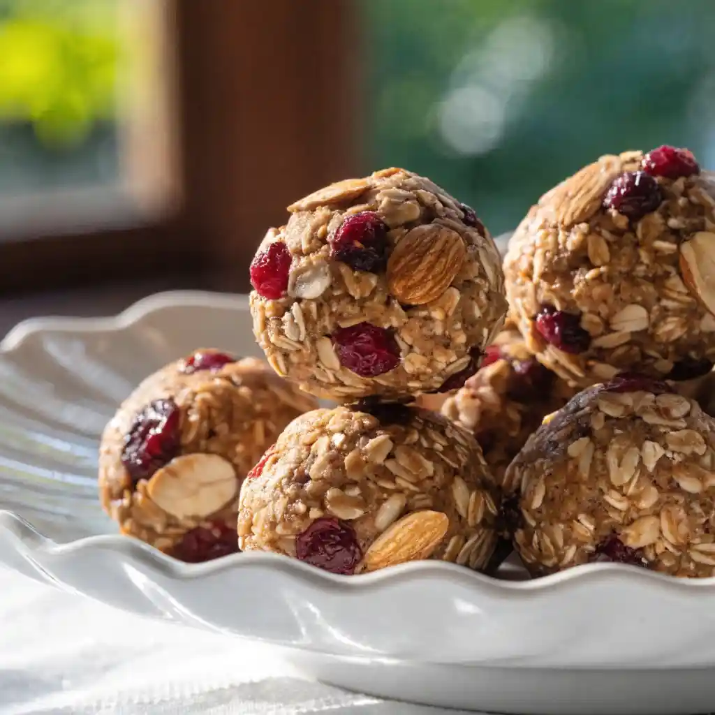 A sophisticated large white plate with cranberry energy balls showing their texture.