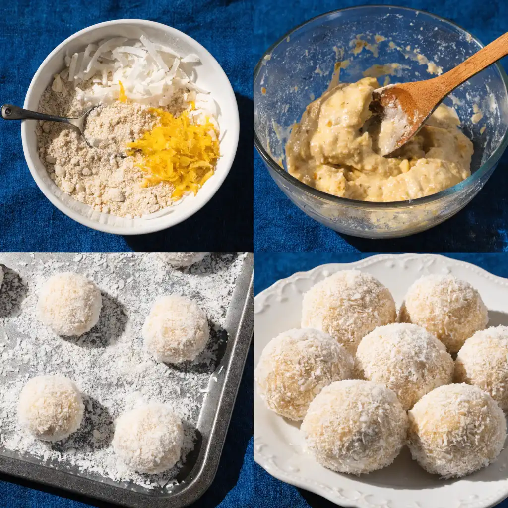 A four-panel image showing the easy steps to make no bake lemon coconut bites.