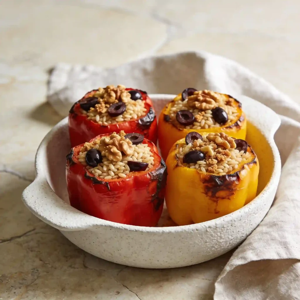 Perfectly upright, fully roasted stuffed peppers in a baking dish demonstrating easy meatless dinner ideas.