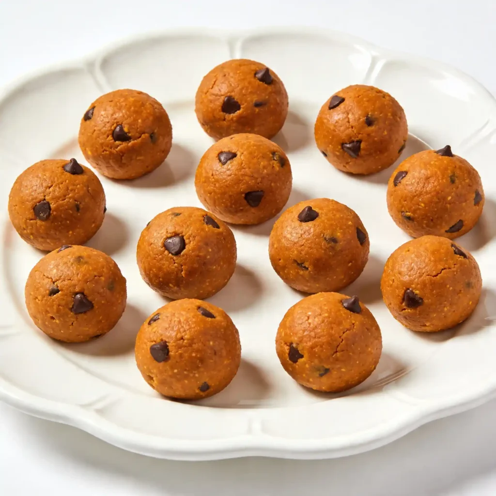 Pumpkin spice protein bites resting neatly on a large, sleek white ceramic platter with a cafe mug and mini pumpkin in the background.