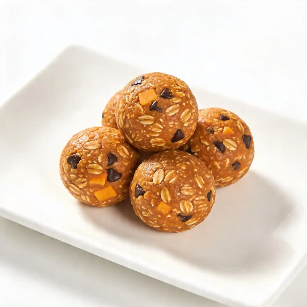 A cluster of healthy pumpkin spice energy balls served on a sleek rectangular white plate.