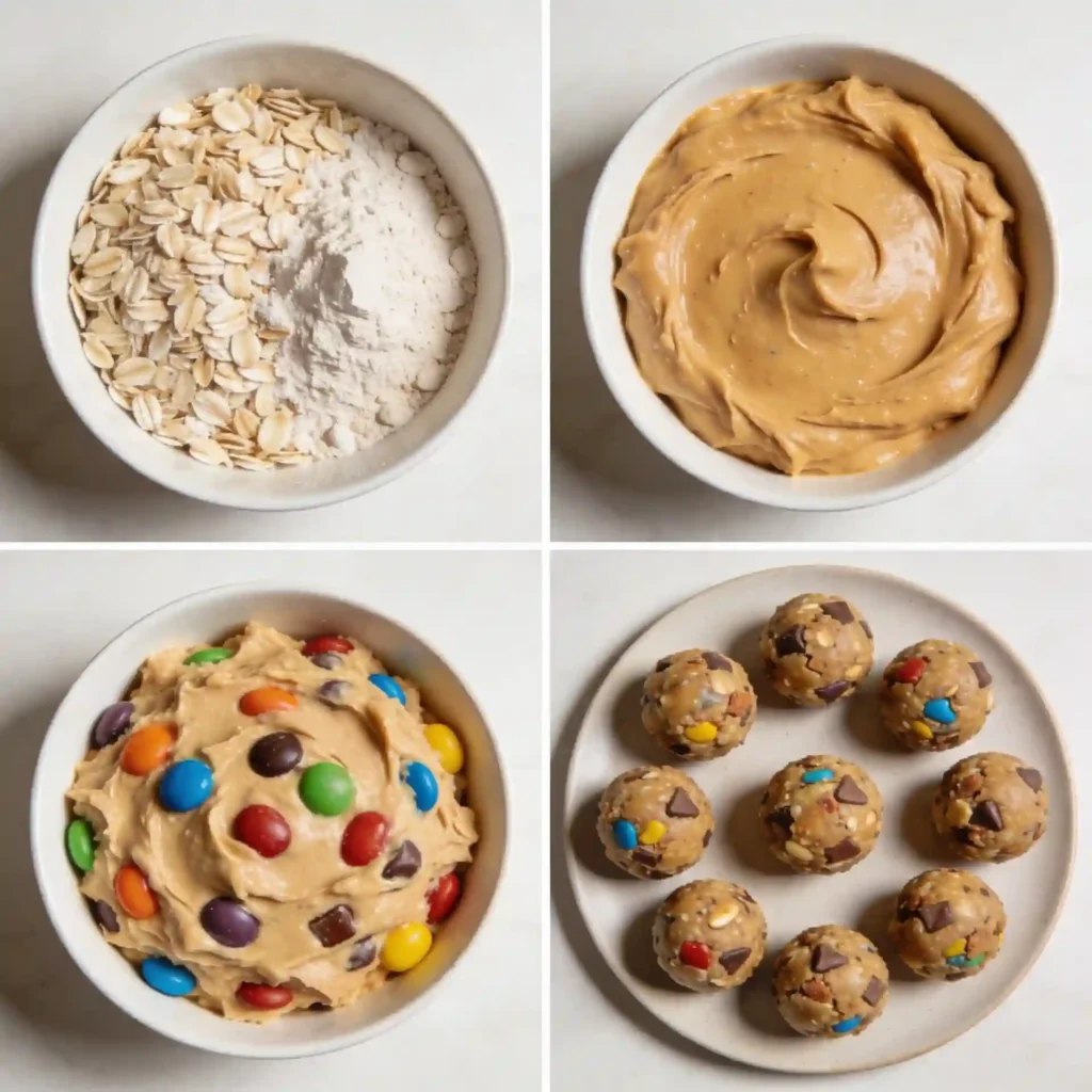A four-panel image showing the easy steps to make edible monster cookie dough.
