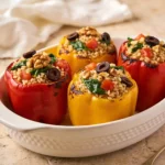 A ceramic baking dish featuring perfectly roasted Farro and Walnut Stuffed Peppers bursting with Mediterranean ingredients.
