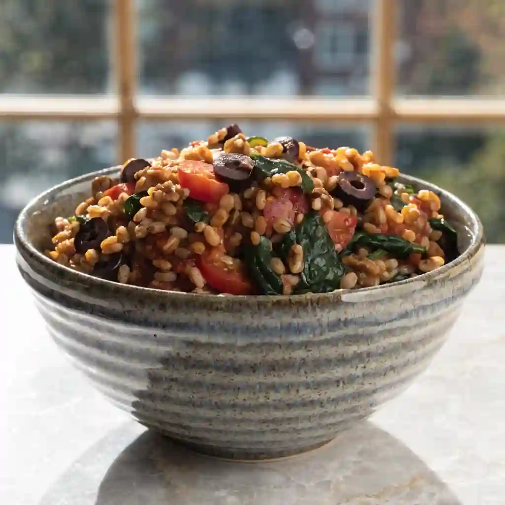 A large mixing bowl filled with farro, walnuts, spinach, and tomatoes showcasing robust farro recipes for dinner.