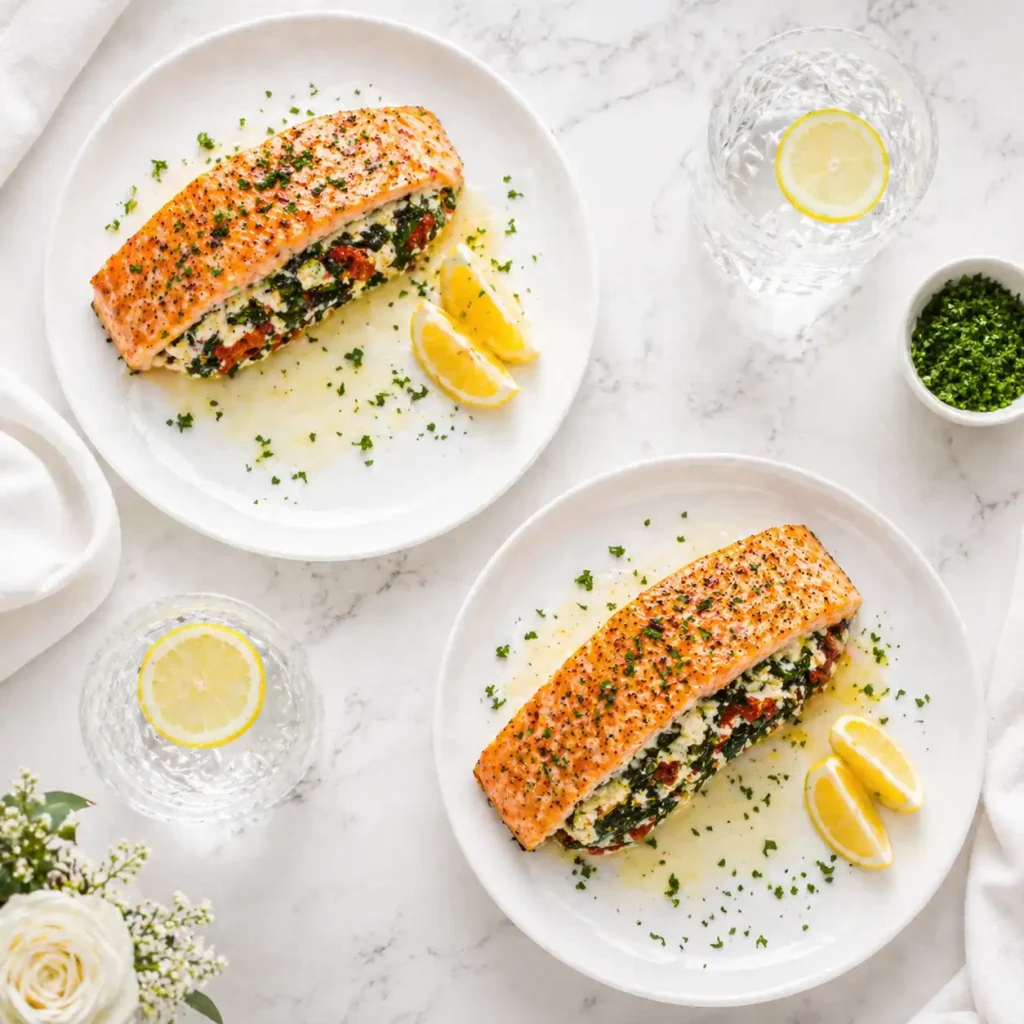 A top-down flat lay of two plates of feta stuffed salmon prepared for a dinner setting.