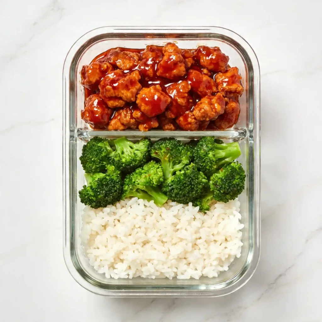 A glass meal prep container filled with firecracker ground chicken, broccoli, and rice on a marble counter.