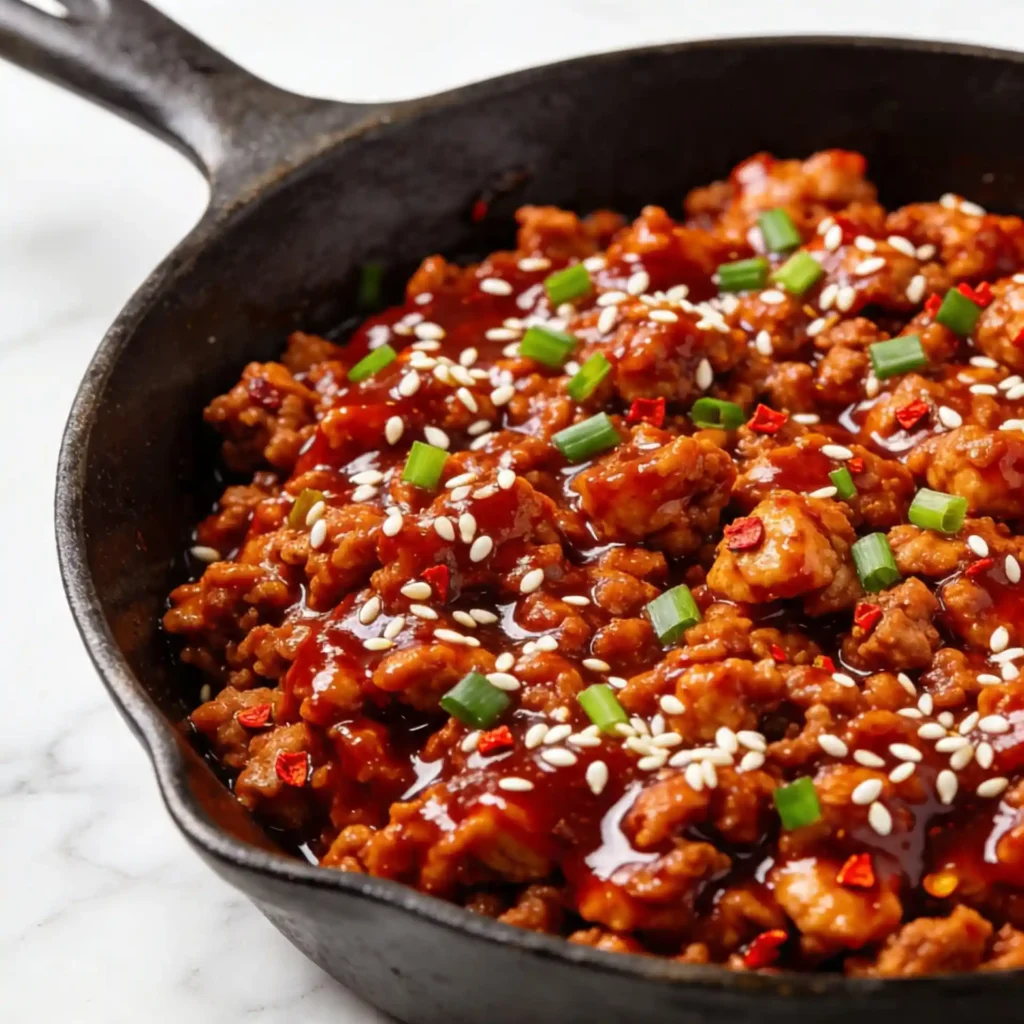 A close-up of thick, glossy firecracker sauce coating ground chicken in a skillet.
