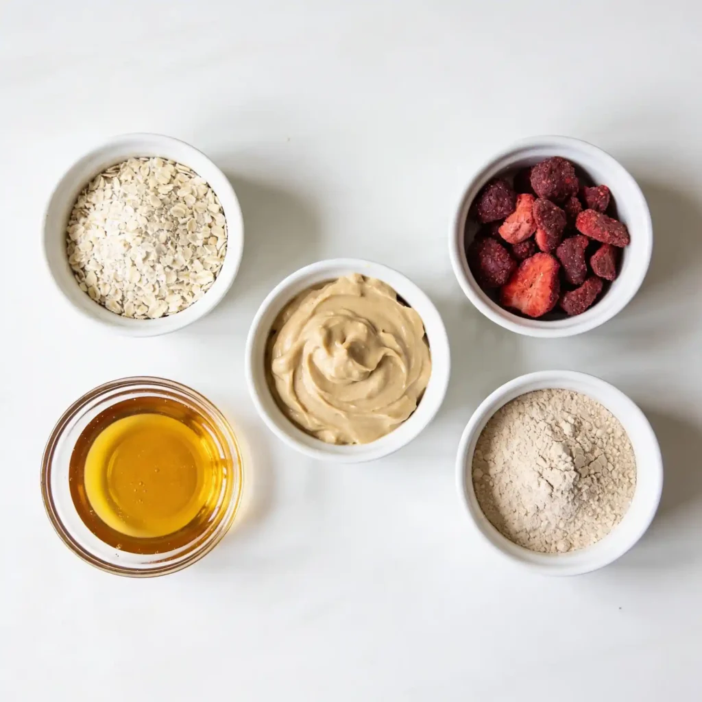 Small bowls filled with oat flour, freeze-dried strawberries, cashew butter, and maple syrup.