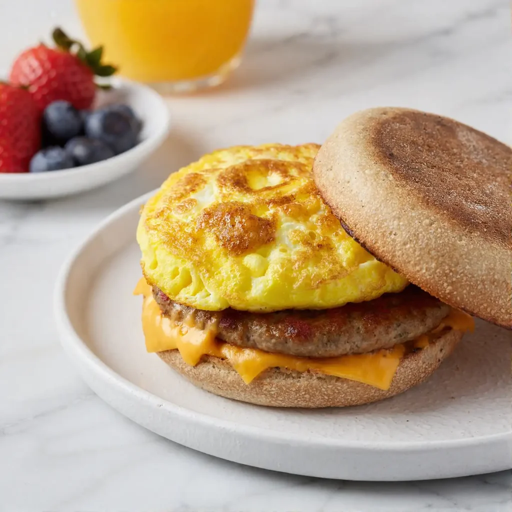 A close-up of freezer breakfast sandwiches served with fresh berries on a white plate.