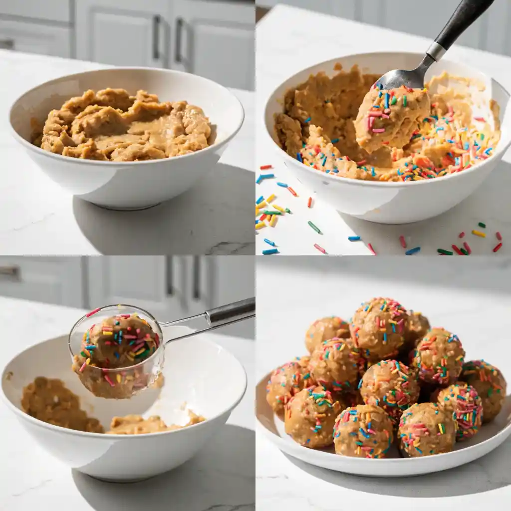 A four-panel image showing the easy steps to make funfetti protein balls using modern white kitchenware.