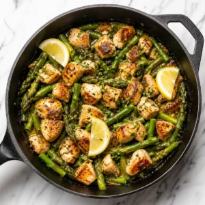 A top-down flat lay view of a cast iron skillet filled with golden chicken bites and asparagus on white marble.