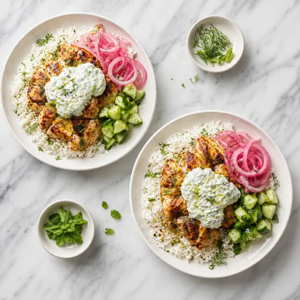 A top-down flat lay of two freshly assembled Greek chicken and rice plates on a white marble counter.