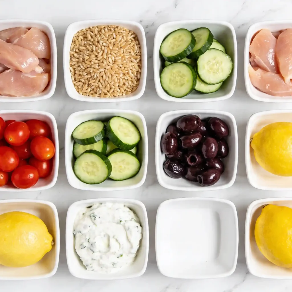 Raw ingredients neatly arranged in small white bowls to make Greek chicken bowls with brown rice.