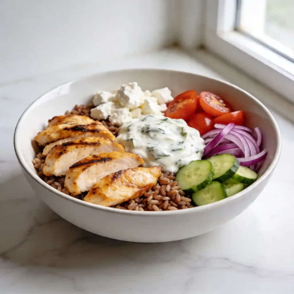 A close-up of creamy tzatziki sauce drizzled over juicy chicken for Greek chicken bowls with tzatziki.