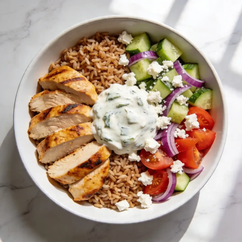 A top-down view of Greek chicken meal prep bowls featuring marinated chicken, cucumber salad, and tzatziki.