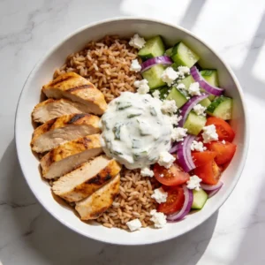 A top-down view of Greek chicken meal prep bowls featuring marinated chicken, cucumber salad, and tzatziki.