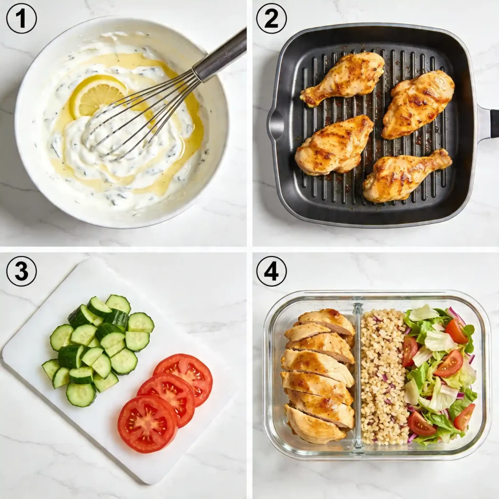 A four-panel image showing the easy steps to make Greek chicken rice bowls meal prep.