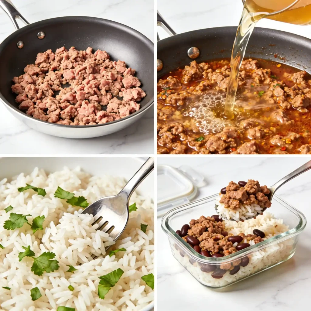 A four-panel image showing the easy steps to make meal prep ground turkey taco burrito bowls.