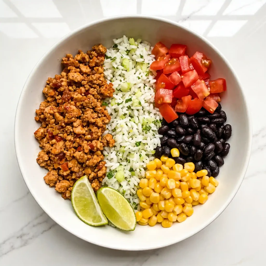 A white ceramic bowl filled with a healthy ground turkey taco rice bowl featuring black beans and corn.