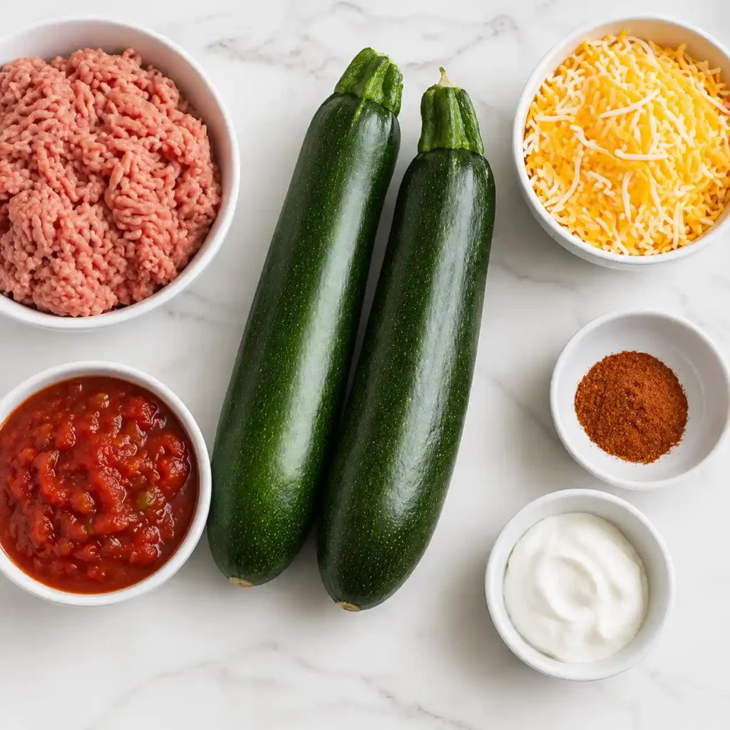 Raw ingredients including zucchini, ground turkey, and salsa arranged in white bowls on a marble surface.