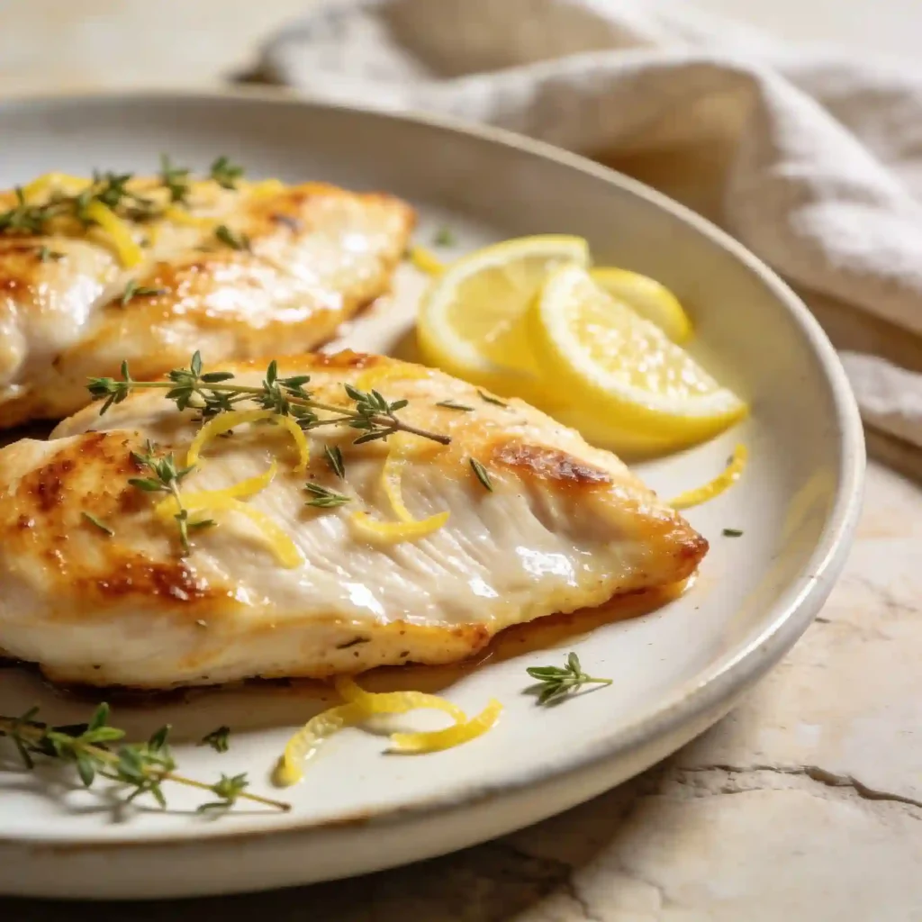 A beautiful matte plate highlighting the juicy texture of healthy baked chicken cutlets with lemon and thyme.