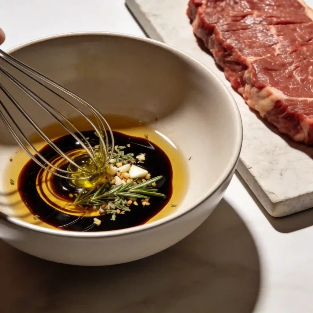 Drizzling aged balsamic over a steak salad with ample negative space for text overlays.