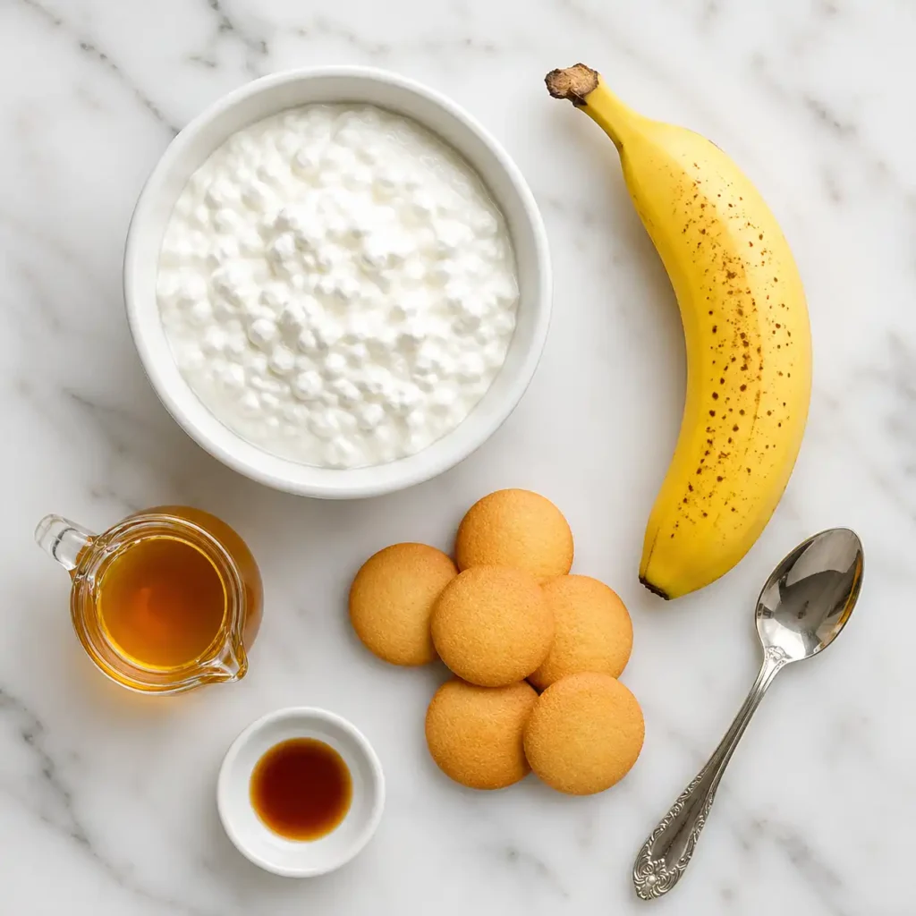 A bowl of thick cottage cheese, a ripe spotty banana, vanilla wafers, and a pitcher of honey arranged neatly on a white marble surface.