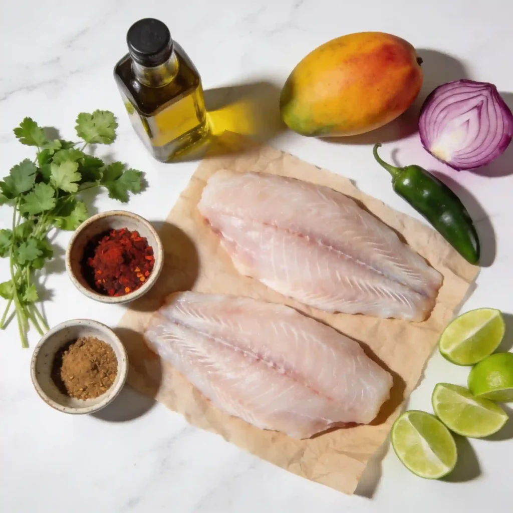 Fresh, raw ingredients laid out for making a healthy blackened fish recipe with fruit salsa and limes.