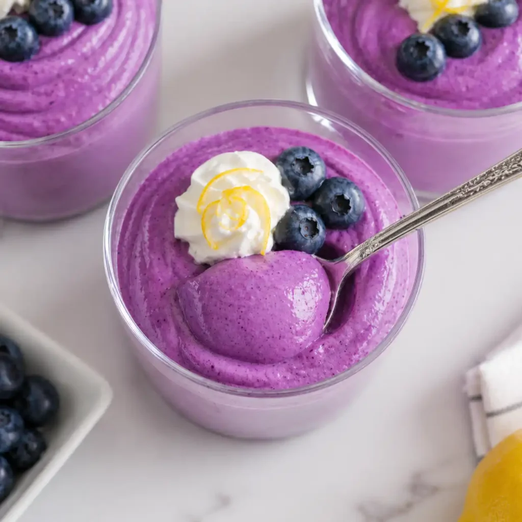A close-up macro shot of a silver spoon scooping thick, perfectly smooth swirled purple blueberry cottage cheese mousse from a glass tumbler.