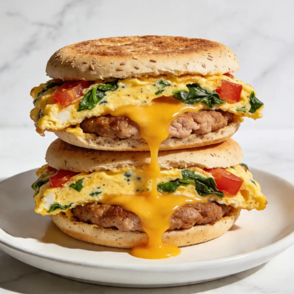 A stack of healthy breakfast sandwiches showing spinach baked into the egg and melted cheese.
