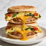 A stack of healthy breakfast sandwiches showing spinach baked into the egg and melted cheese.