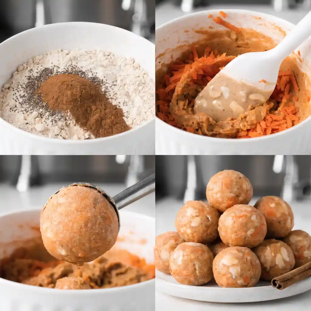 A four-panel image showing the easy steps to make carrot cake energy bites using modern white kitchenware.