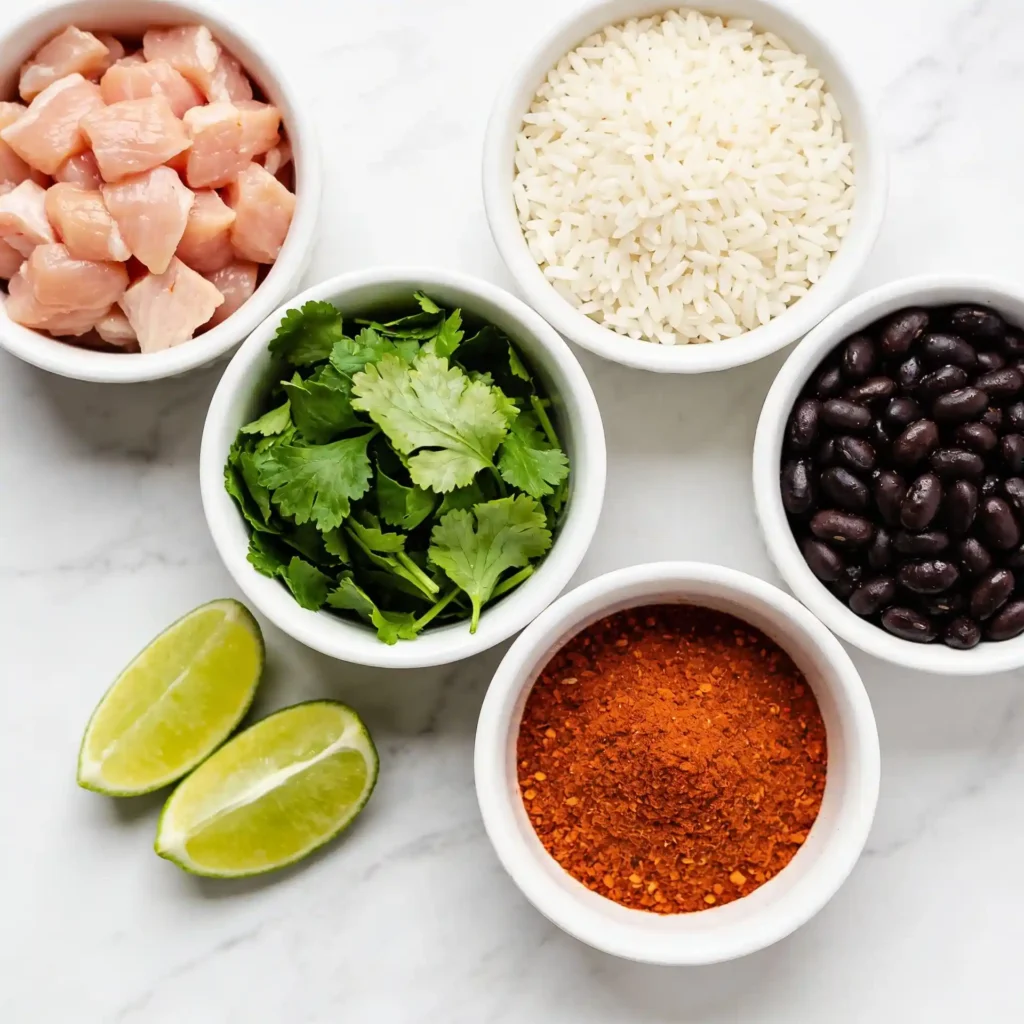 Small white bowls filled with chicken, rice, black beans, cilantro, and fajita spices.
