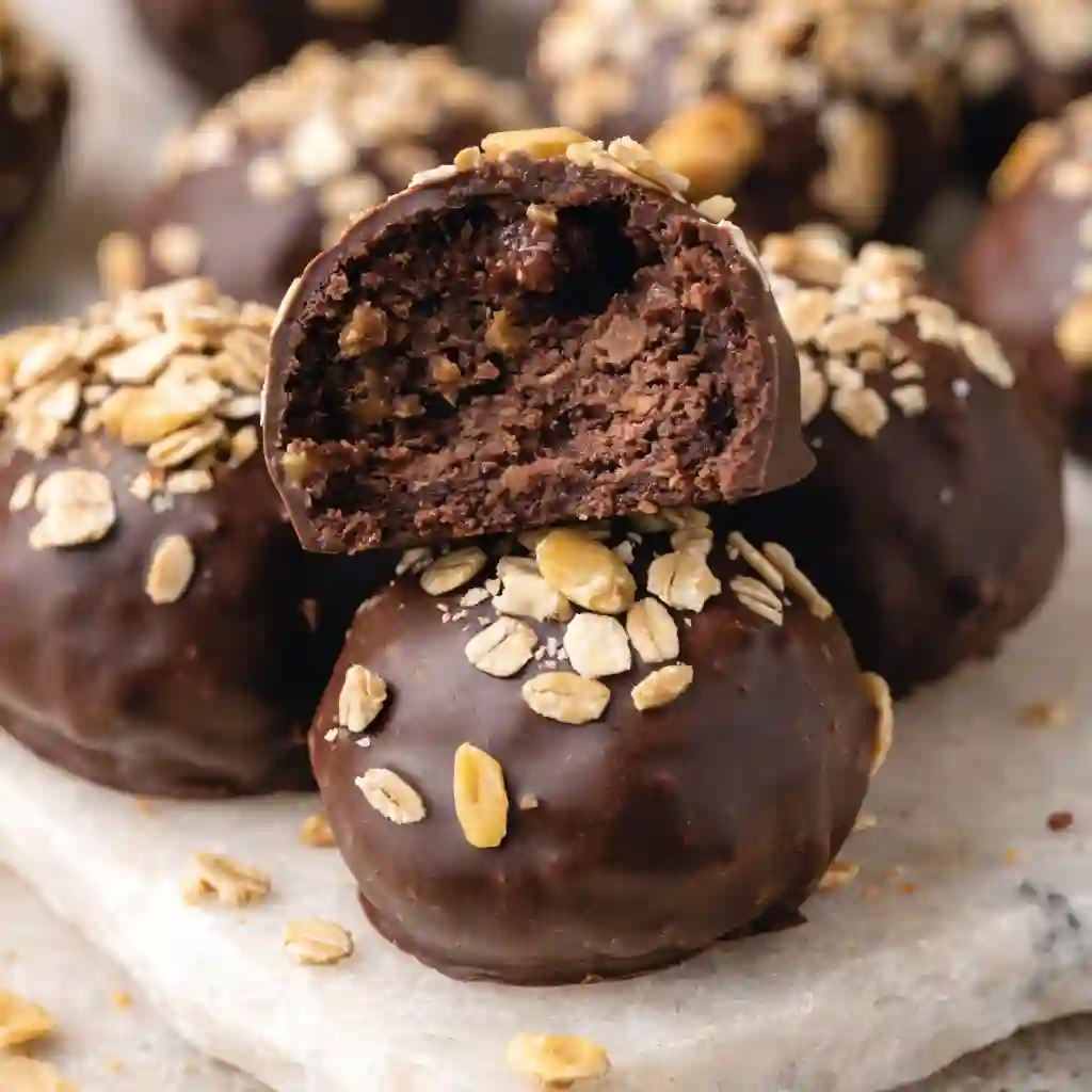 A close-up macro shot showing the dense, chewy texture inside healthy chocolate peanut butter protein bites.