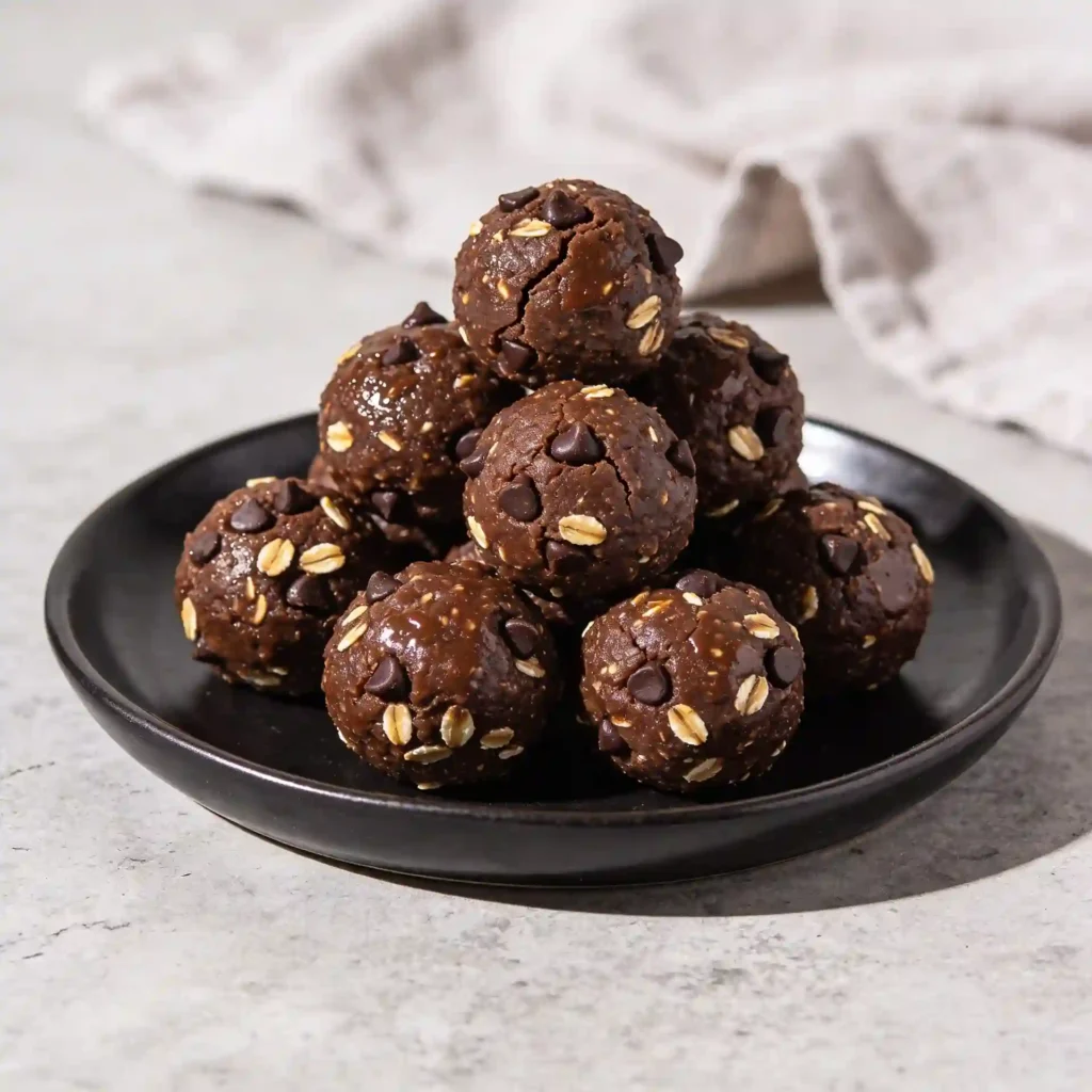 A beautifully plated stack of smooth, fudgy chocolate energy bites heavily studded with mini chocolate chips.