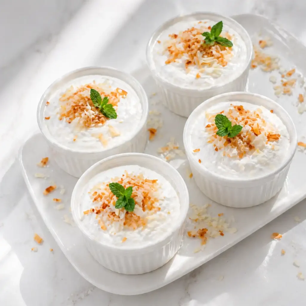Four white ceramic ramekins filled with smooth white coconut cottage cheese mousse, arranged on a glossy white platter with toasted coconut.