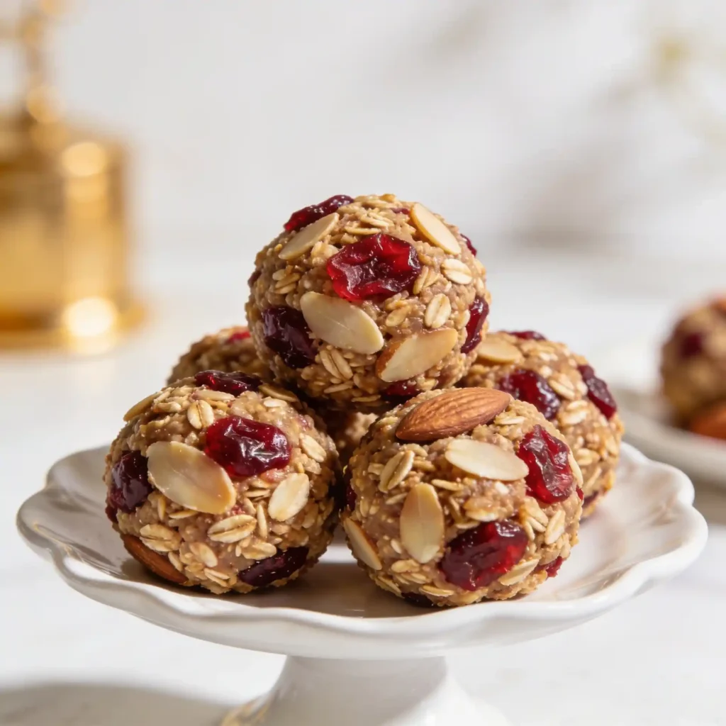 Healthy cranberry almond bites served on a small white plate.