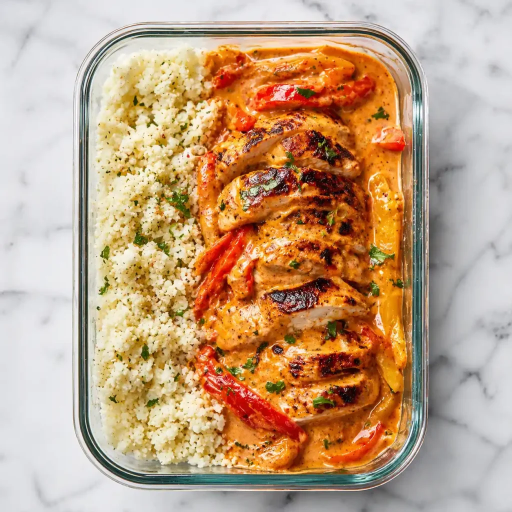 A glass meal prep container filled with healthy creamy cajun chicken and cauliflower rice.