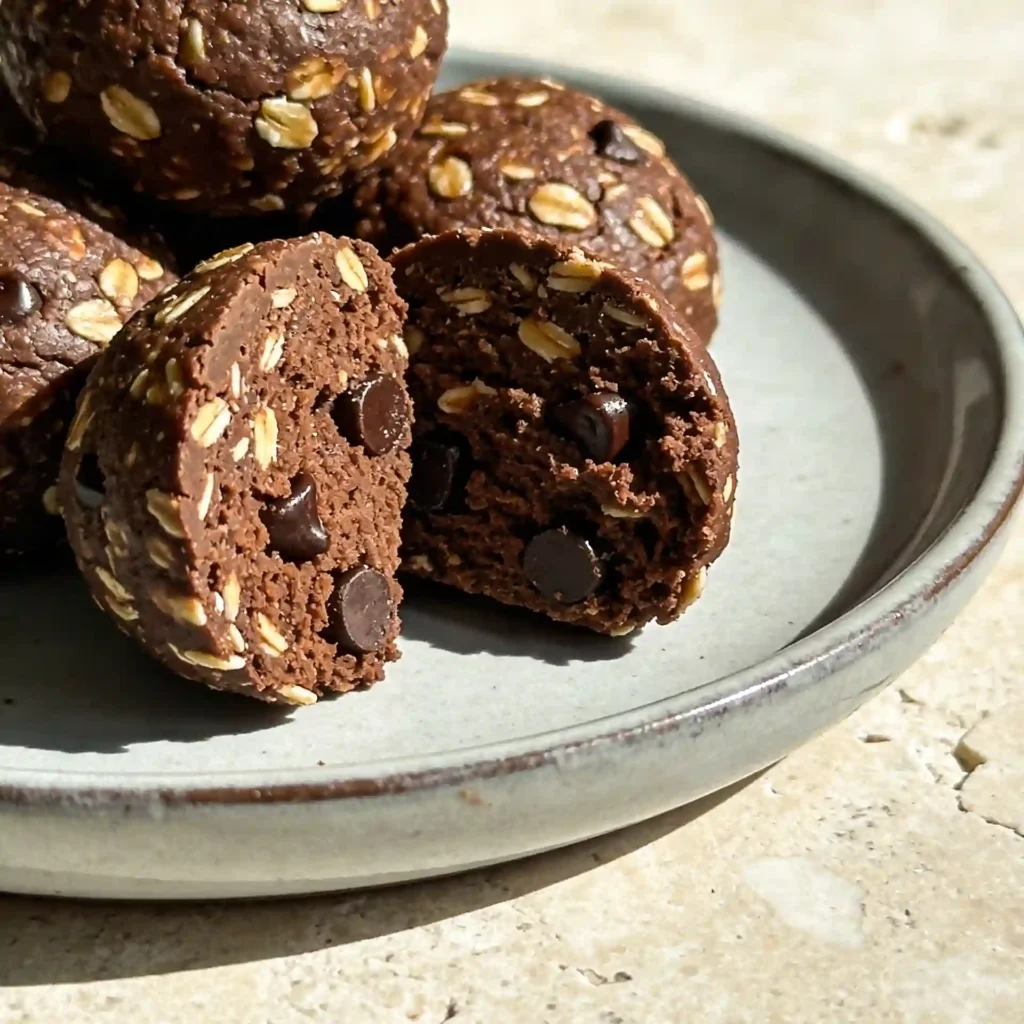 A close-up macro shot showing the dense, chewy, brownie-like texture inside healthy double chocolate protein balls.