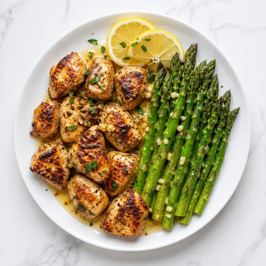 A beautifully plated serving of healthy garlic butter chicken bites and asparagus on a marble counter.