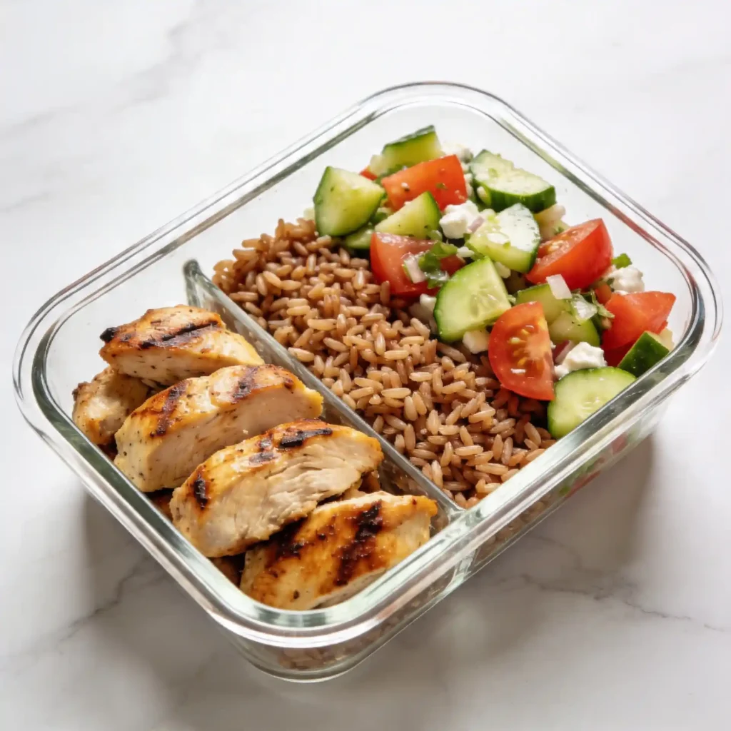A glass meal prep container filled with healthy Greek chicken meal prep bowls and fresh vegetables on a marble counter.