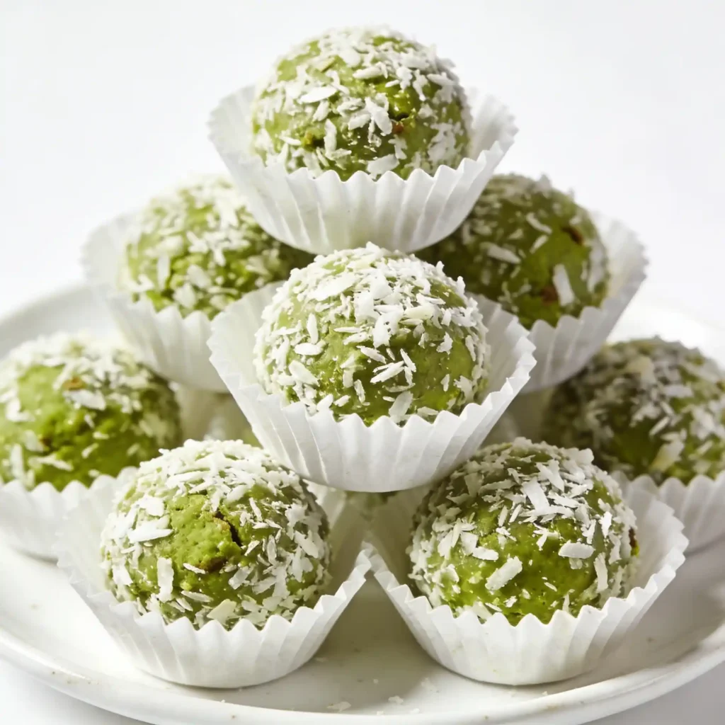 A small cluster of smooth matcha green tea bites in white cupcake liners on a glossy white surface.
