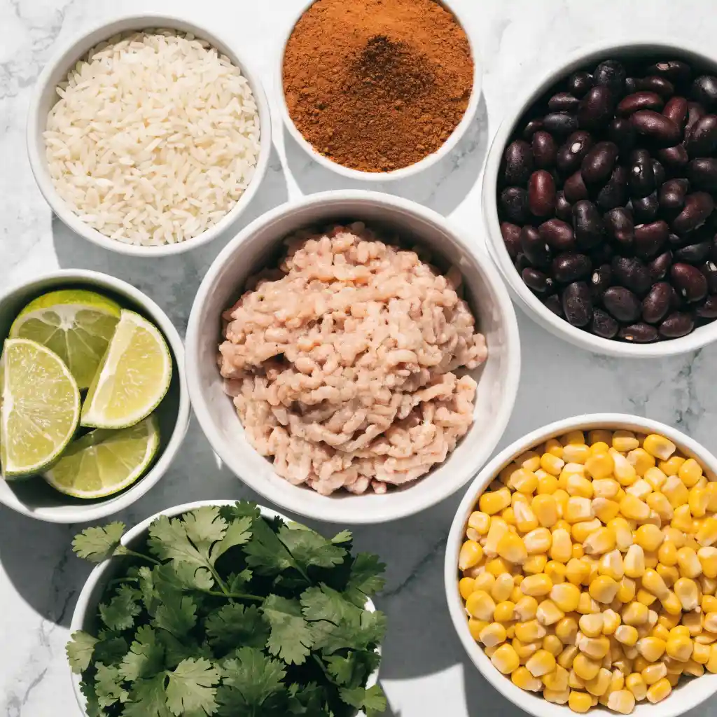 Small white bowls filled with raw ground turkey, rice, black beans, cilantro, and taco spices.