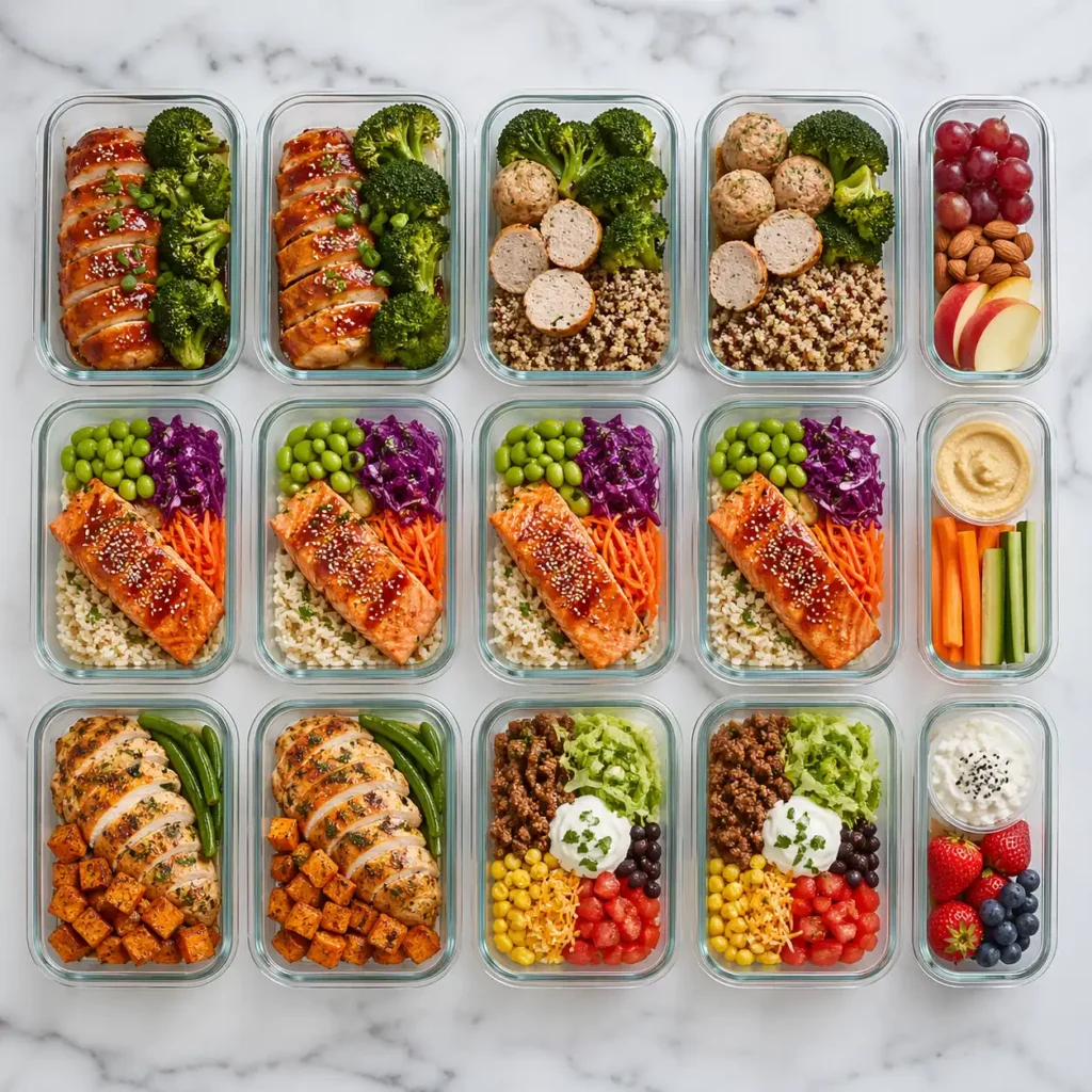 A neat top-down arrangement of glass containers filled with high protein meal prep meals on a white marble surface.