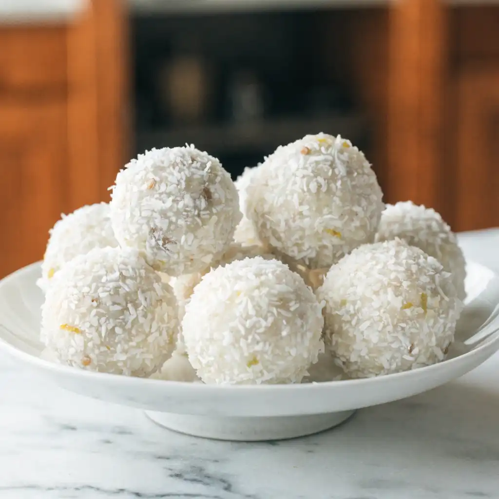 Healthy lemon energy bites served on a small white plate.