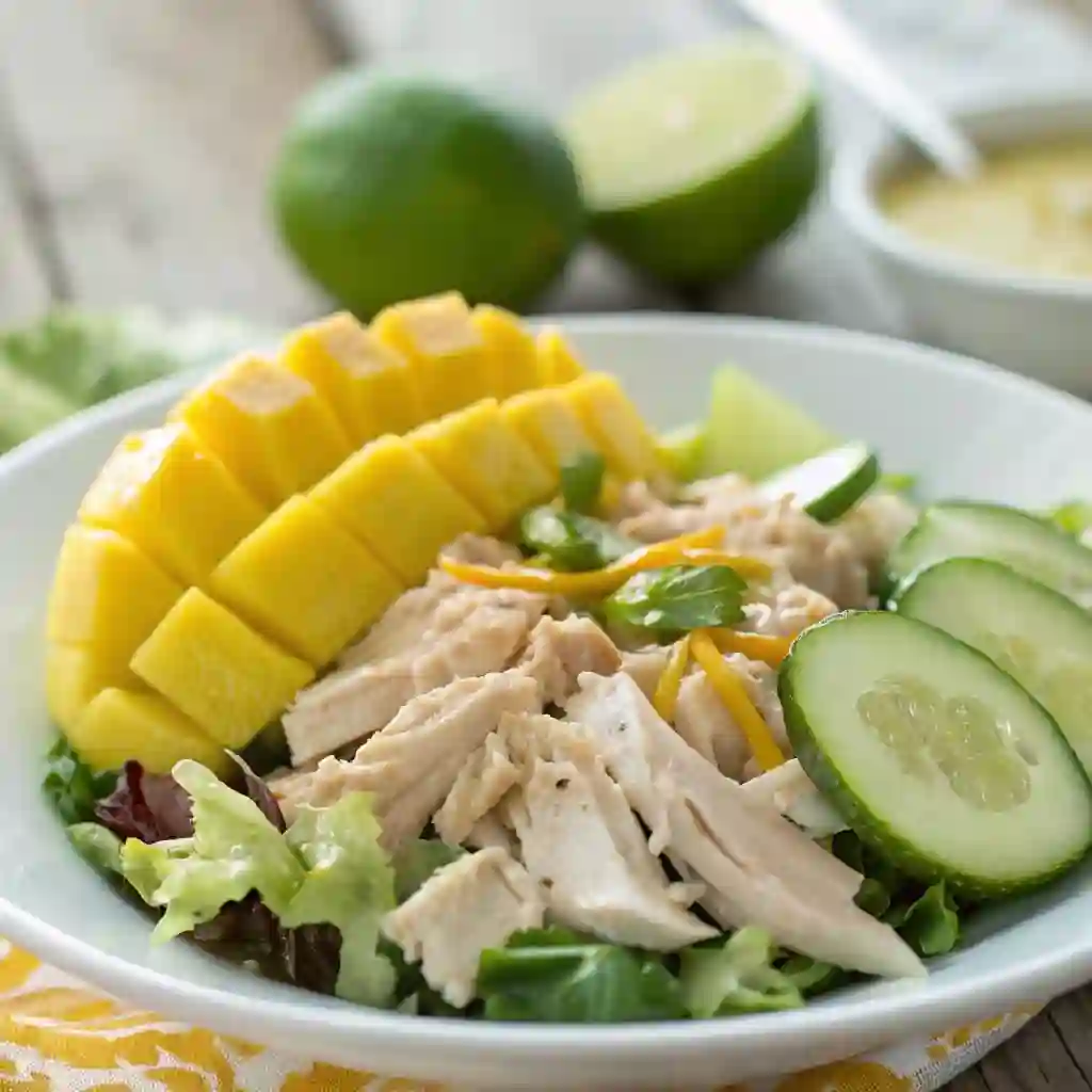Extreme close up of juicy mango cubes and tender poached chicken in a healthy mango chicken salad.
