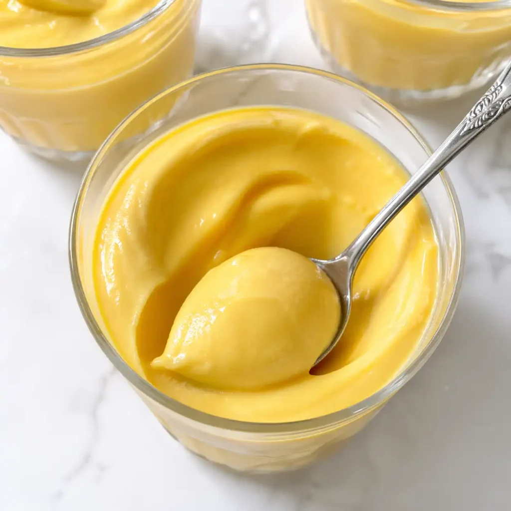 A close-up macro shot of a silver spoon scooping thick, perfectly smooth swirled yellow mango cottage cheese mousse from a glass tumbler.