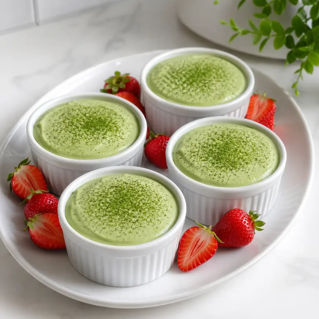 Four white ceramic ramekins filled with smooth green matcha cottage cheese mousse, arranged on a glossy white platter with fresh strawberries.