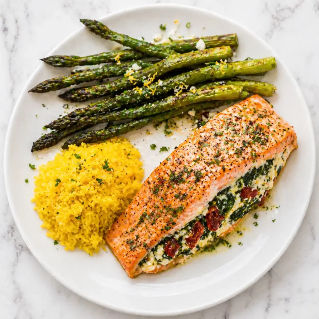 A top-down view of a plated stuffed salmon fillet with roasted asparagus and saffron rice.