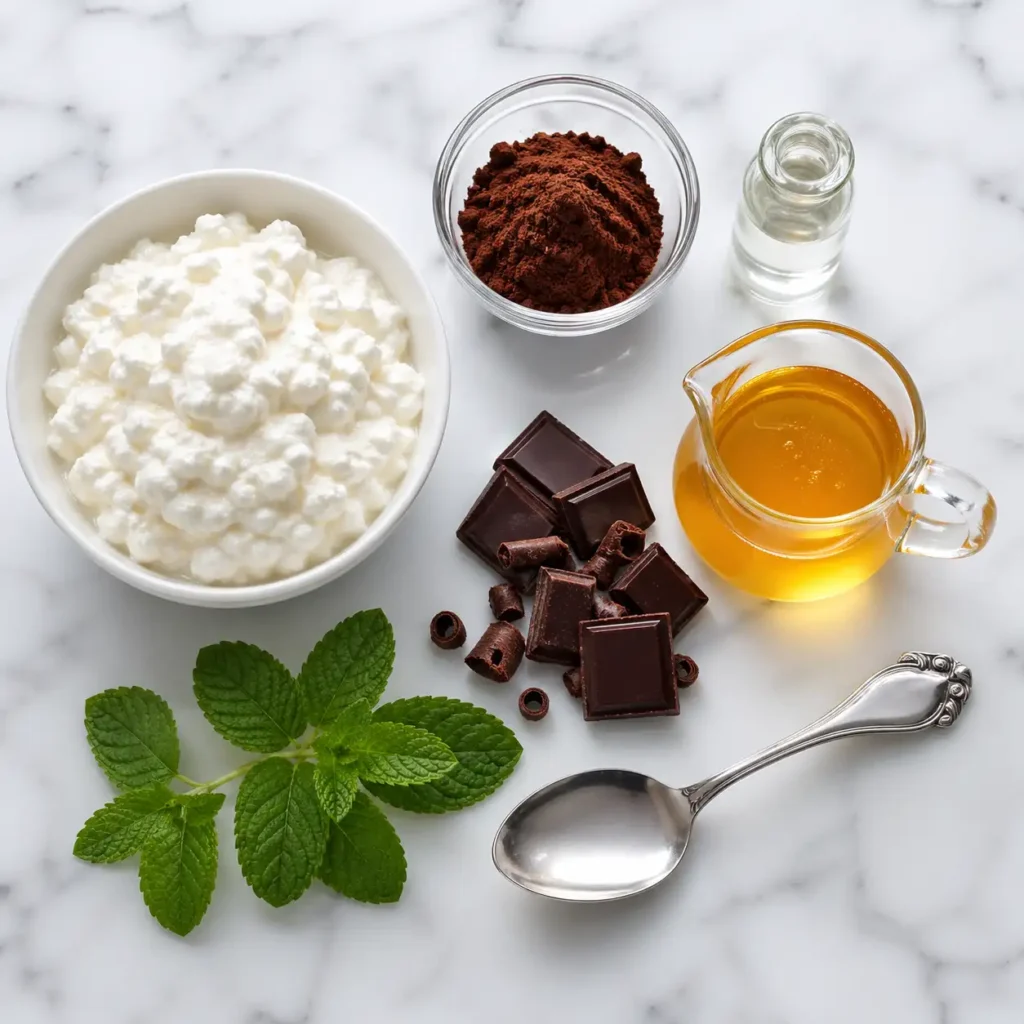 A bowl of thick cottage cheese, cocoa powder, peppermint extract, and a pitcher of honey arranged neatly on a white marble surface.